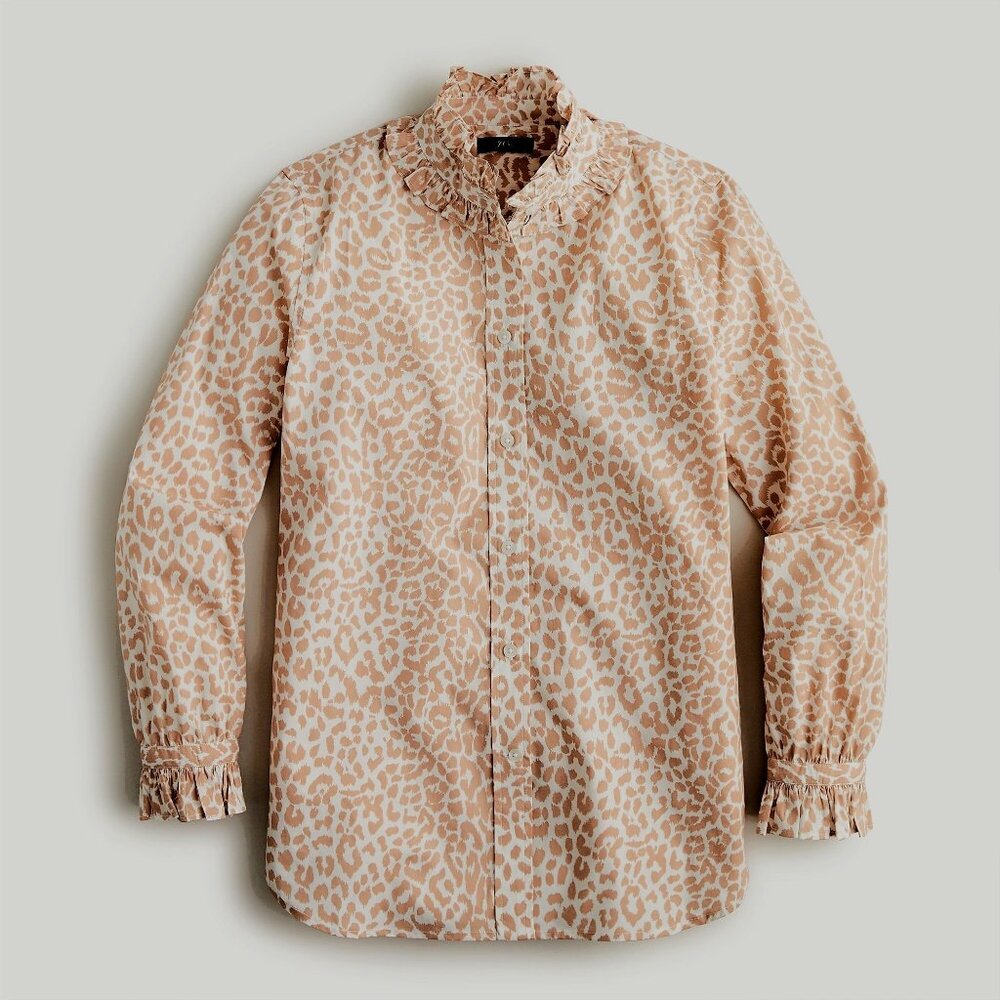 J Crew Women’s Classic-Fit Leopard Print Ruffle Neck & Cuff Shirt Blouse Sz 2